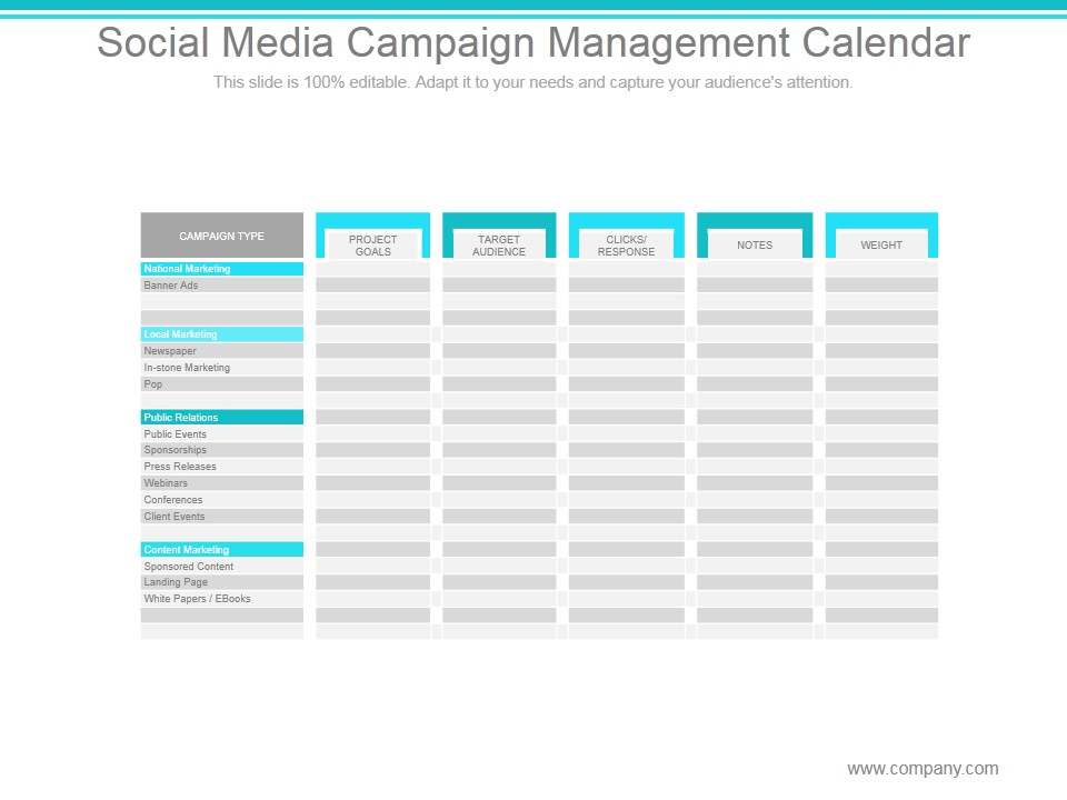 Social Media Campaign Management Calendar Ppt PowerPoint Presentation  Clipart