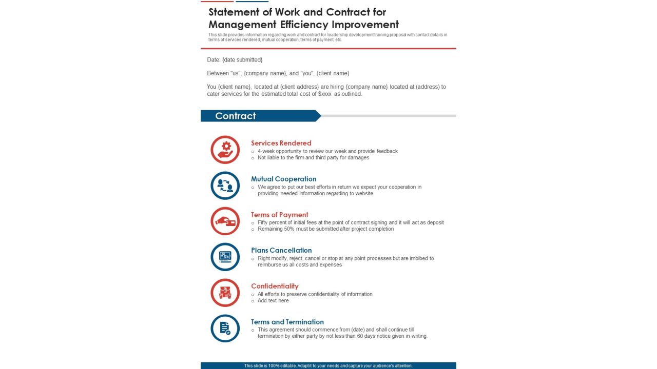 Statement Of Work And Contract For Management Efficiency Improvement One Pager Sample Example Document Slide01