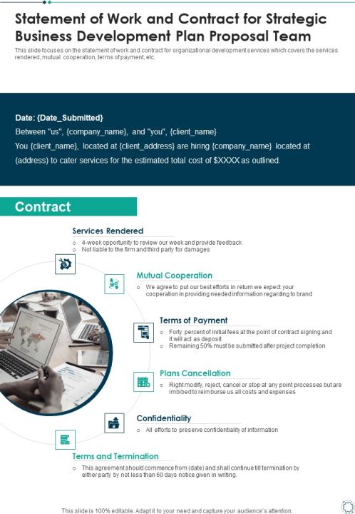 Statement Of Work And Contract For Strategic Business Development Plan Proposal Team One Pager Sample Example Document Slide01