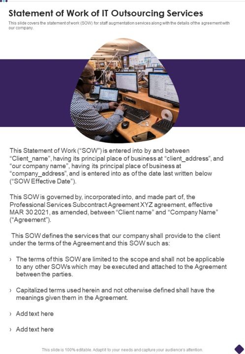 Statement Of Work Of IT Outsourcing Services One Pager Sample Example Document Slide01