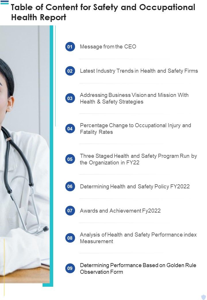 Table Of Content For Safety And Occupational Health Report One Pager