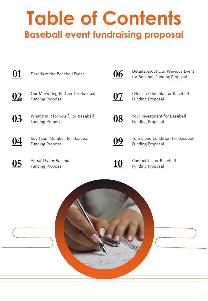 Table Of Contents Baseball Event Fundraising Proposal One Pager Sample ...