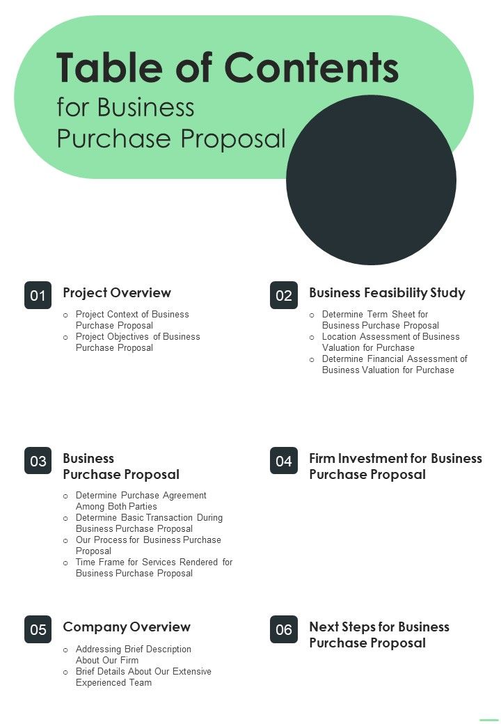 Table Of Contents For Business Purchase Proposal One Pager Sample