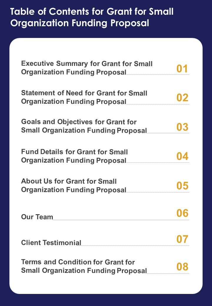 Table Of Contents For Grant For Small Organization Funding Proposal One ...