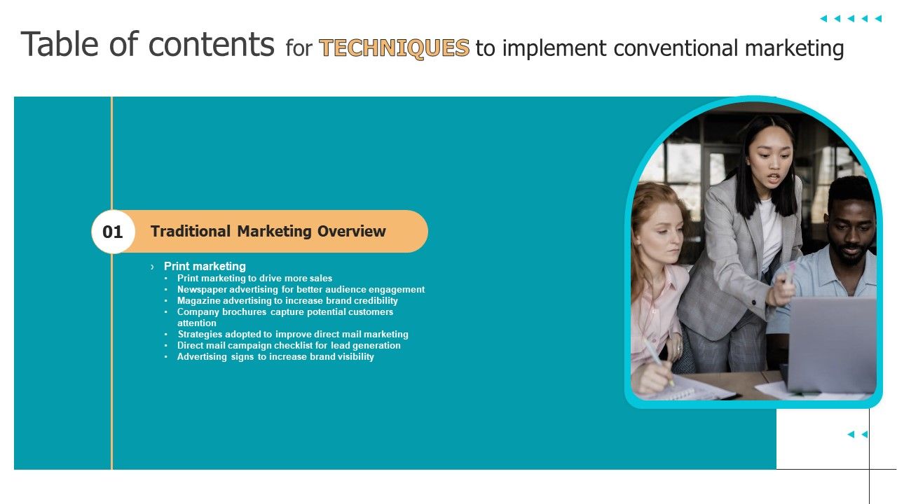 Table_Of_Contents_For_Techniques_To_Implement_Conventional_Marketing_Icons_PDF_Slide_1.jpg