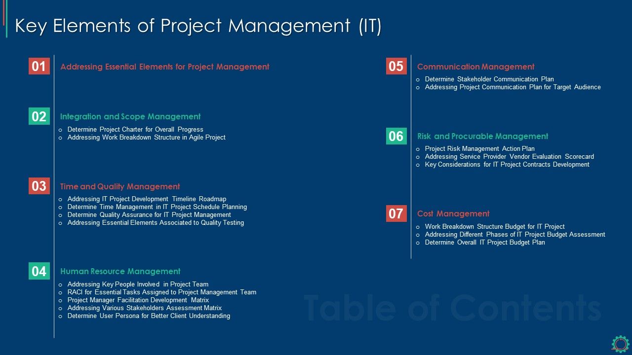 Table Of Contents Key Elements Of Project Management IT Graphics PDF