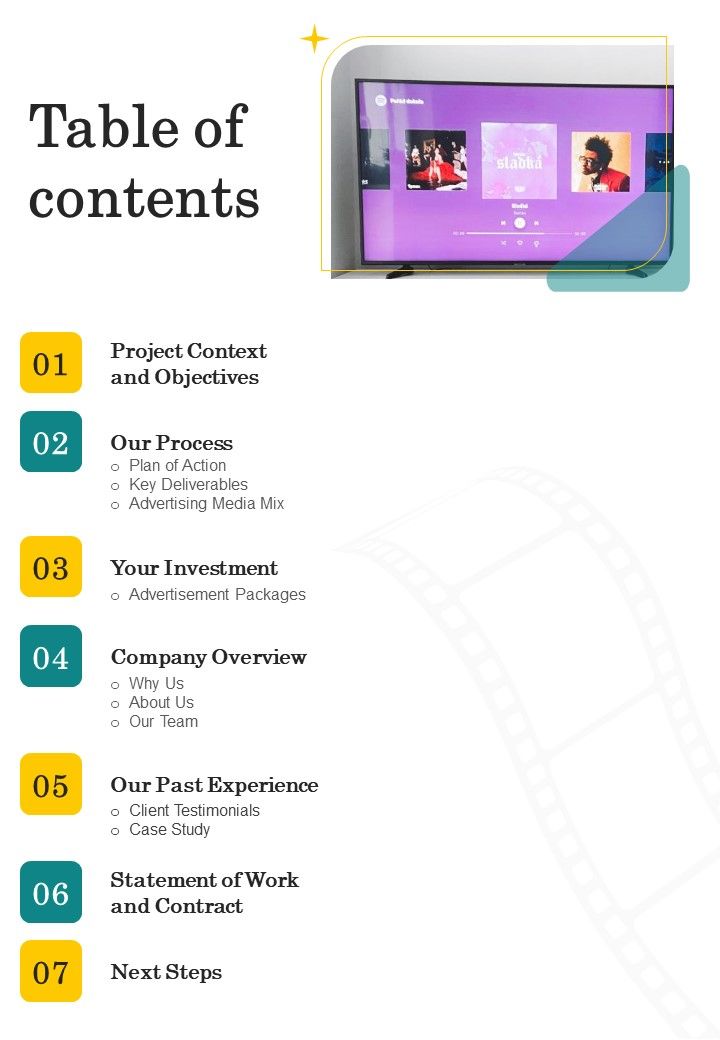Table Of Contents Proposal For Television Advertisement Services One Pager Sample Example Document Slide01