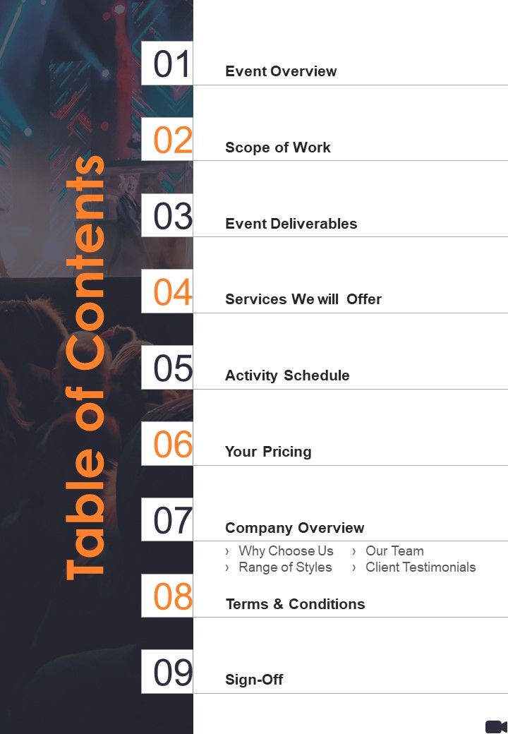 Table Of Contents Video Making Service Proposal One Pager Sample Example Document Slide01