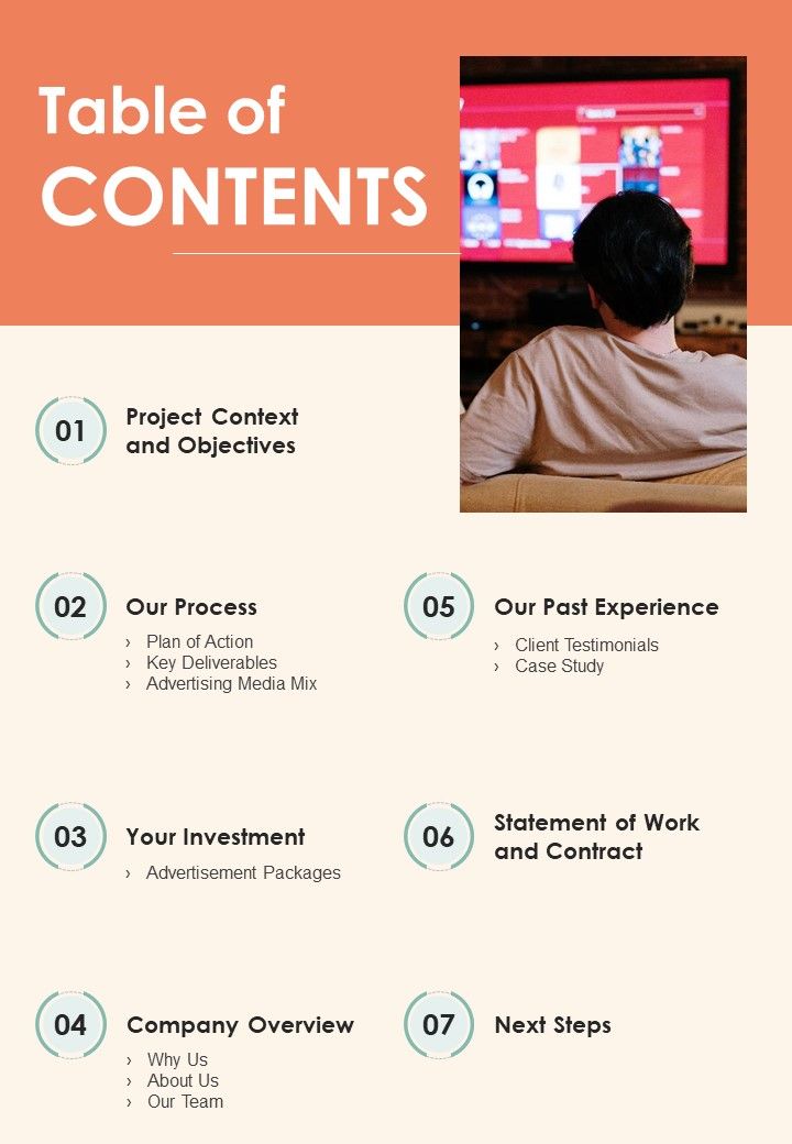 Television Commercial Service Proposal Table Of Contents One Pager Sample Example Document Slide01