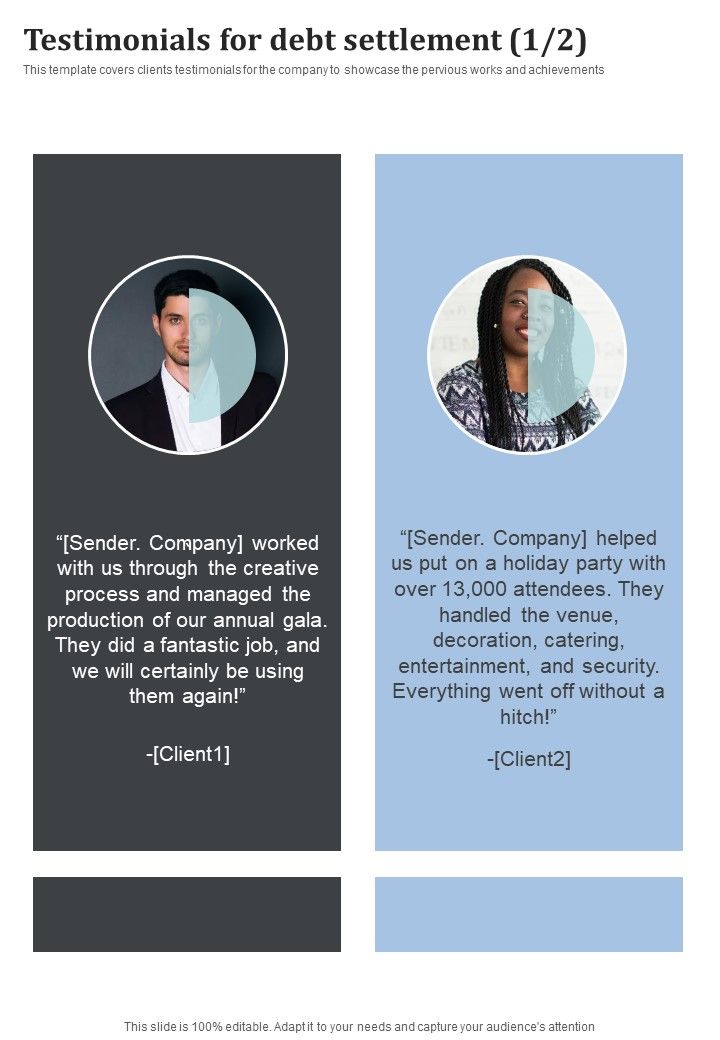Testimonials For Debt Settlement One Pager Sample Example Document Slide01