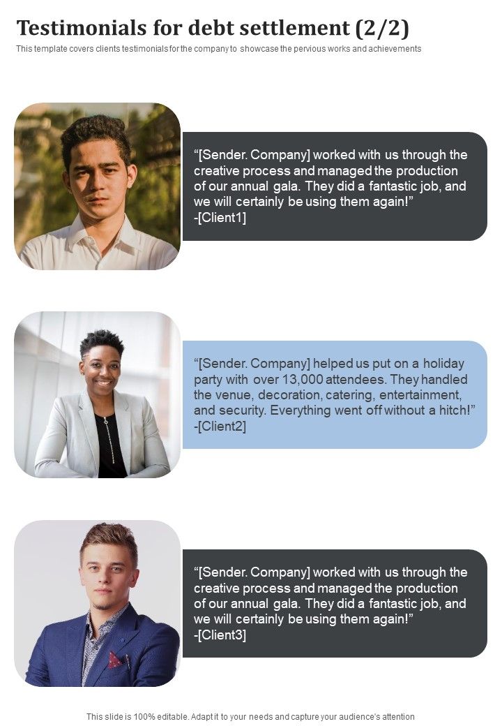 Testimonials For Debt Settlement One Pager Sample Example Document Slide02