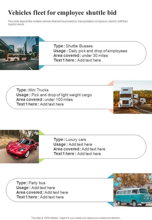Vehicles Fleet For Employee Shuttle Bid One Pager Sample Example Document Slide01