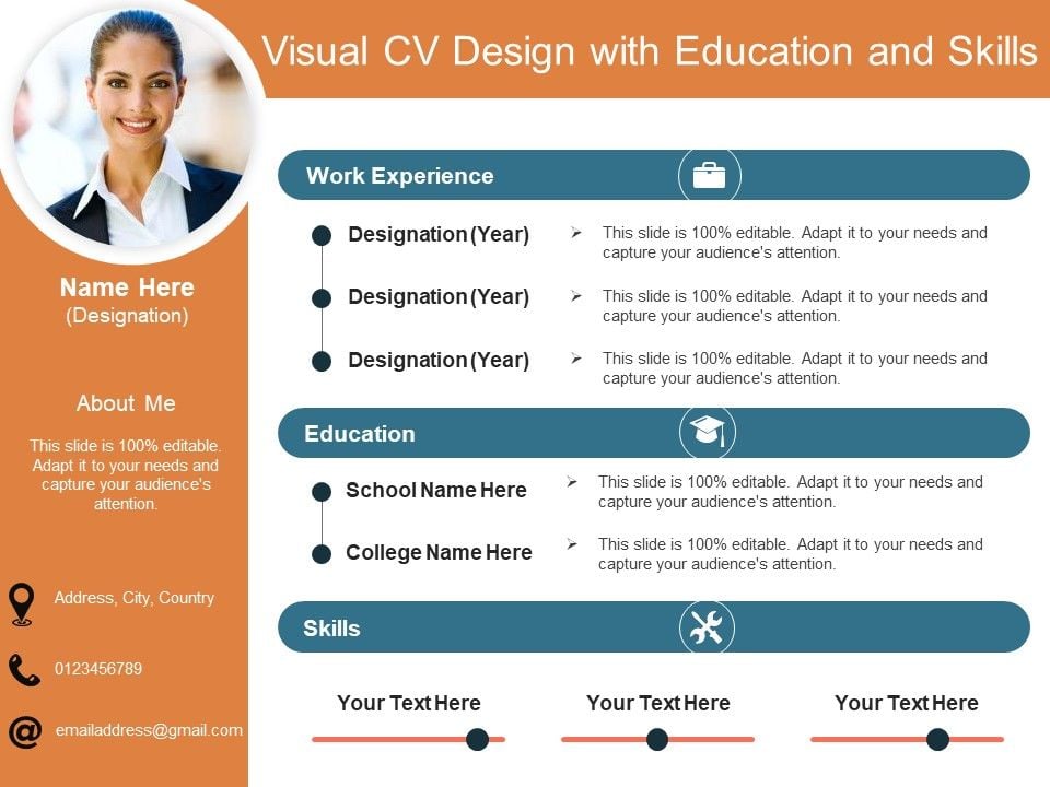 Visual CV Design With Education And Skills Ppt PowerPoint Presentation ...