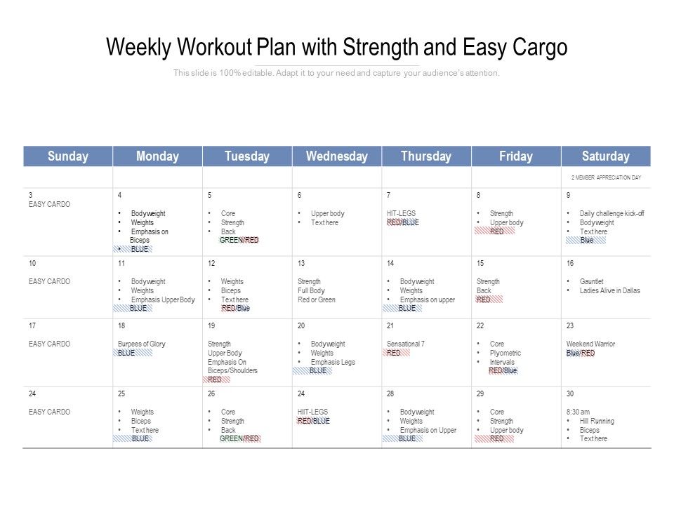 Weekly Workout Plan With Strength And Easy Cargo Ppt PowerPoint ...