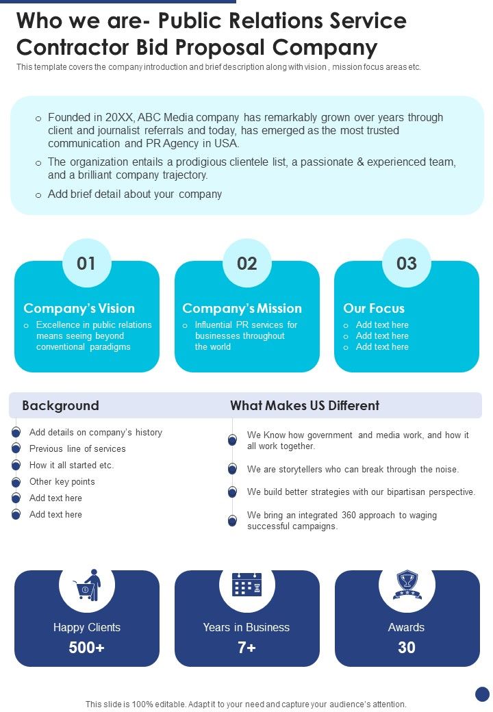Who We Are Public Relations Service Contractor Bid Proposal Company One Pager Sample Example Document Slide01