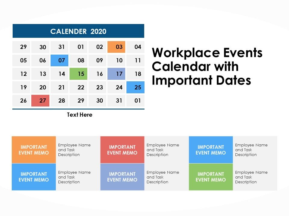 Workplace Events Calendar With Important Dates Ppt PowerPoint Workplace Events Calendar 2025