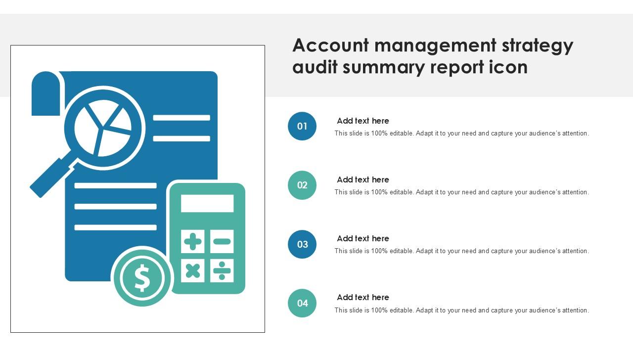 Account Management Strategy Audit Summary Report Icon PPT Sample SS