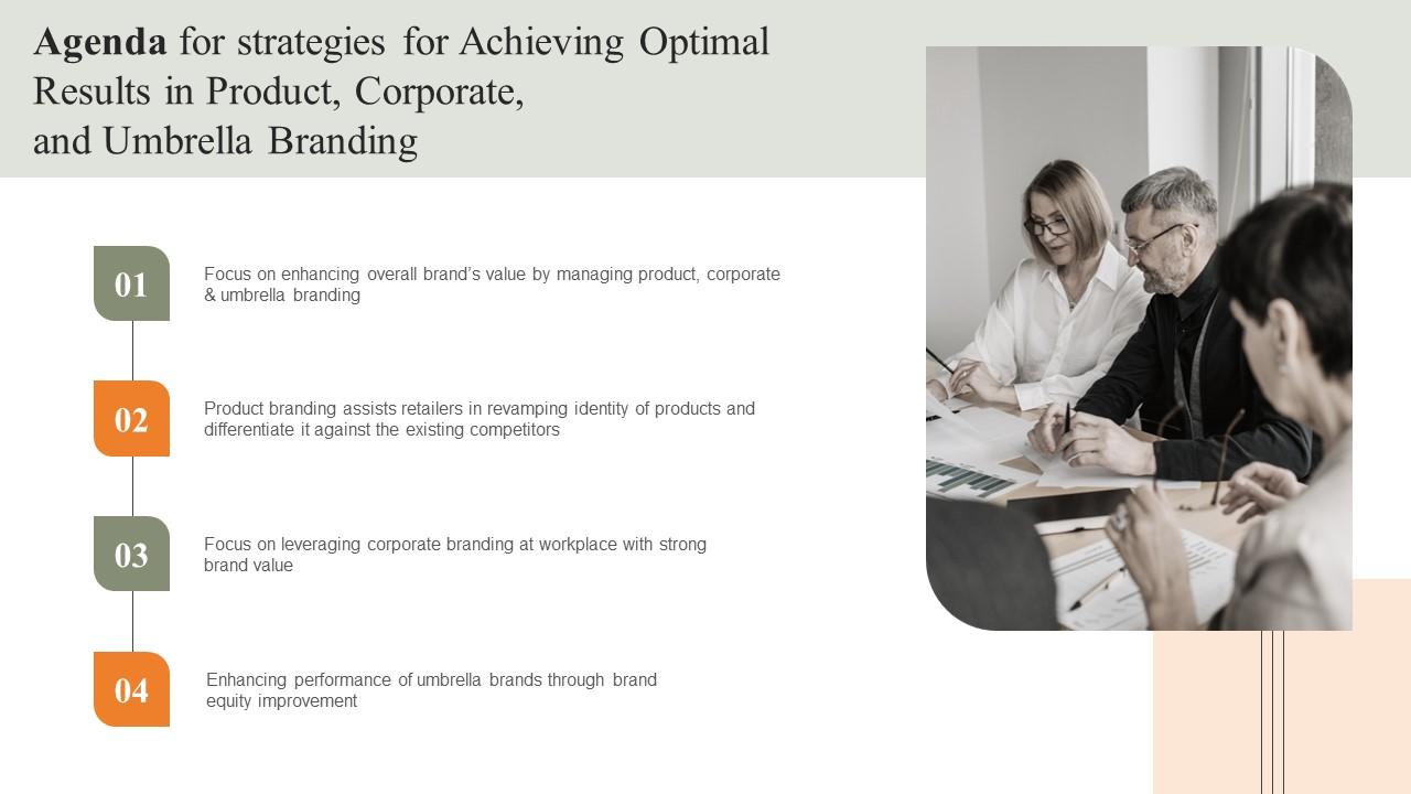 Agenda For Strategies For Achieving Optimal Results In Product Corporate And Umbrella Branding Icons Pdf
