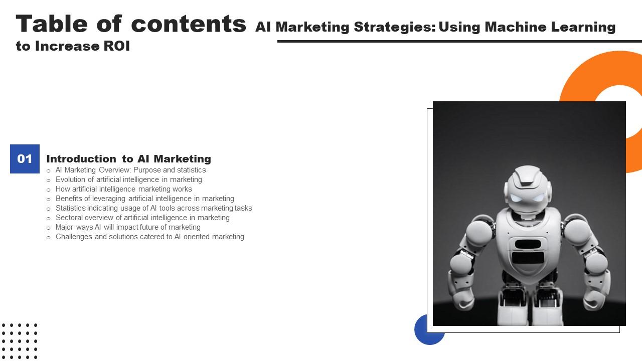 AI Marketing Strategies Using Machine Learning To Increase ROI Table Of Contents Ppt Icon Files Pdf