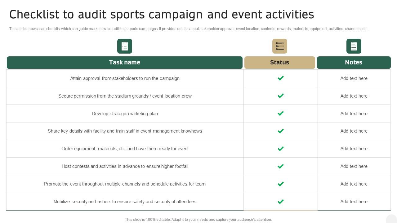 Checklist To Audit Sports Campaign And Event Activities In Depth Campaigning Guide Icons PDF