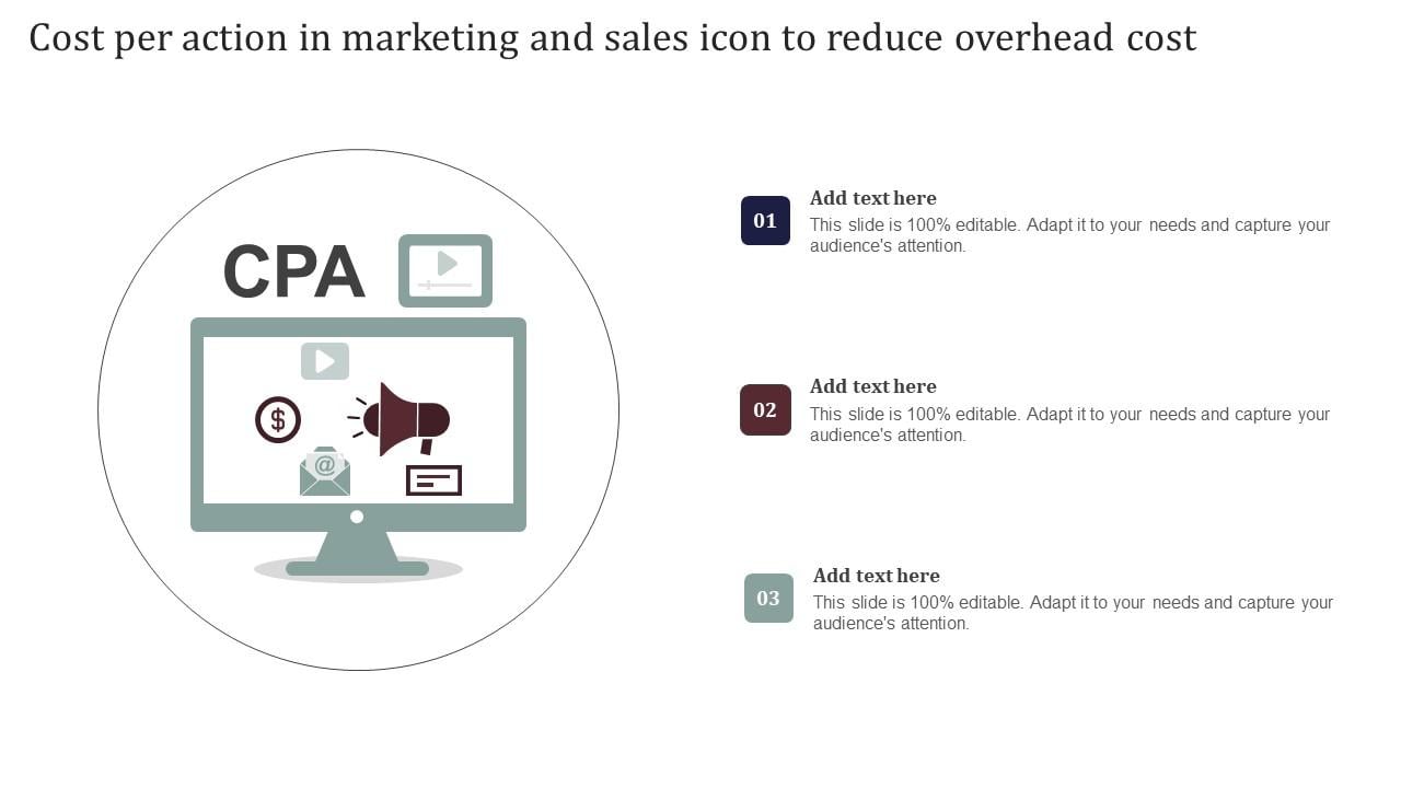 Cost Per Action In Marketing And Sales Icon To Reduce Overhead Cost Infographics Pdf