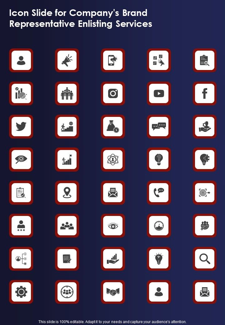 Icon Slide For Companys Brand Representative Enlisting Services One Pager Sample Example Document Slide01