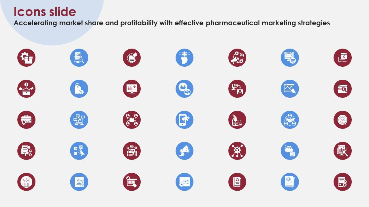 Icons Slide Accelerating Market Share And Profitability With Effective Pharmaceutical Marketing Strategies