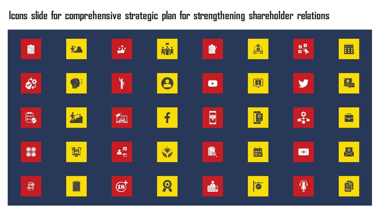 Icons Slide For Comprehensive Strategic Plan For Strengthening Shareholder Relations Demonstration Pdf
