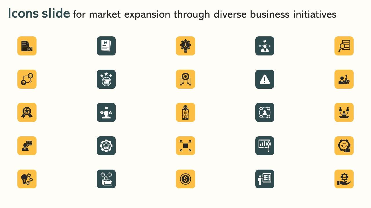 Icons Slide For Market Expansion Through Diverse Business Initiatives Icons Pdf