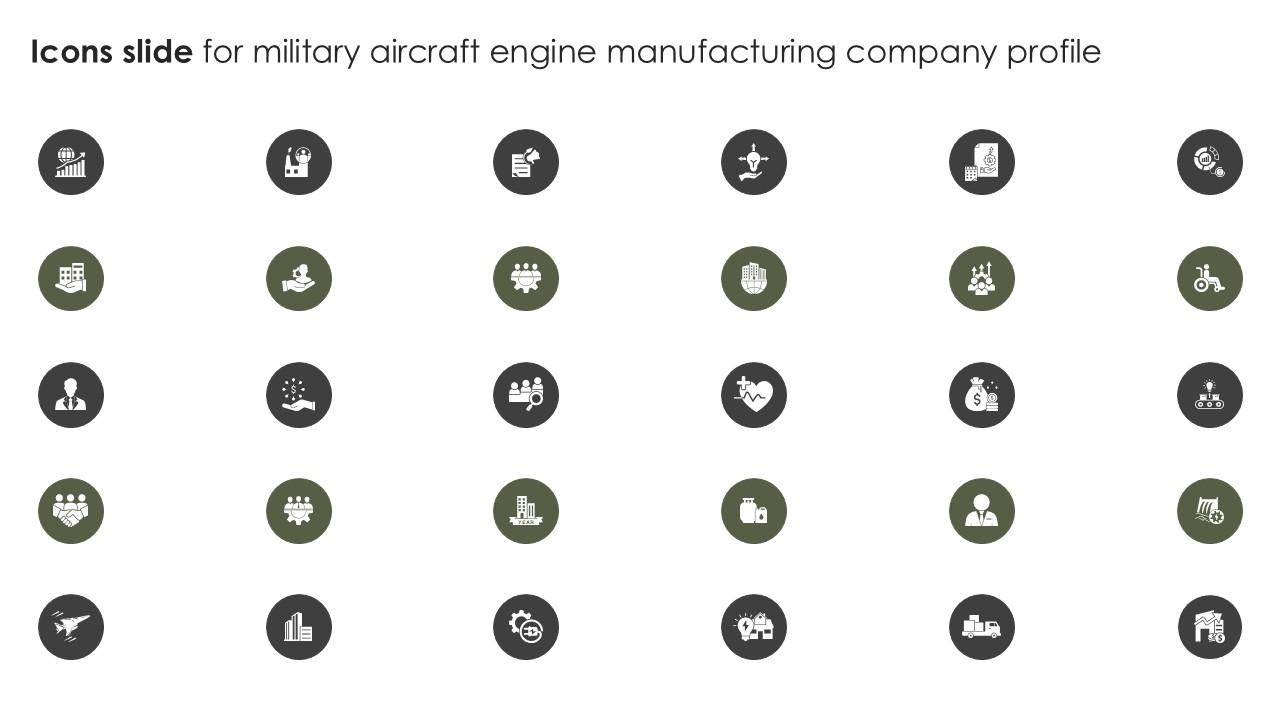Icons Slide For Military Aircraft Engine Manufacturing PPT Example CP SS V