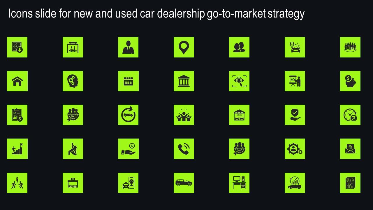 Icons Slide For New And Used Car Dealership Go To Market Strategy Microsoft Pdf