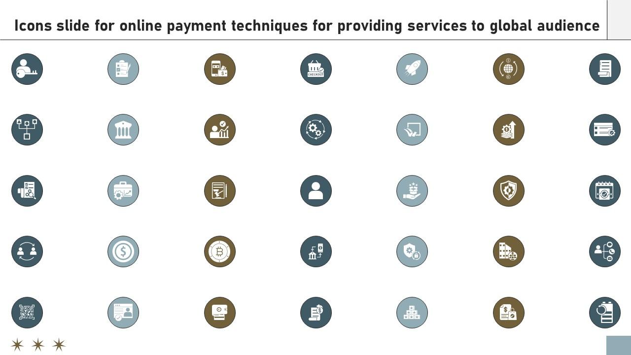 Icons Slide For Online Payment Techniques For Providing Services To Global Audience