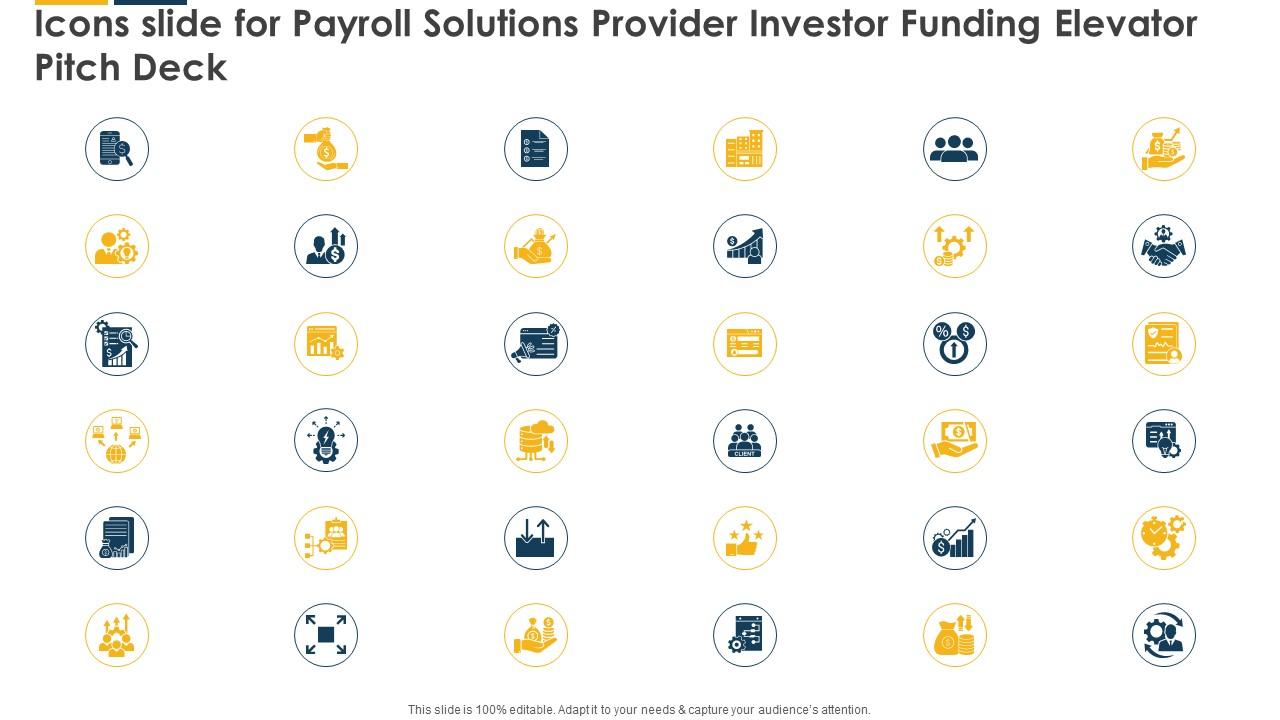 Icons Slide For Payroll Solutions Provider Investor Funding Elevator Pitch Deck
