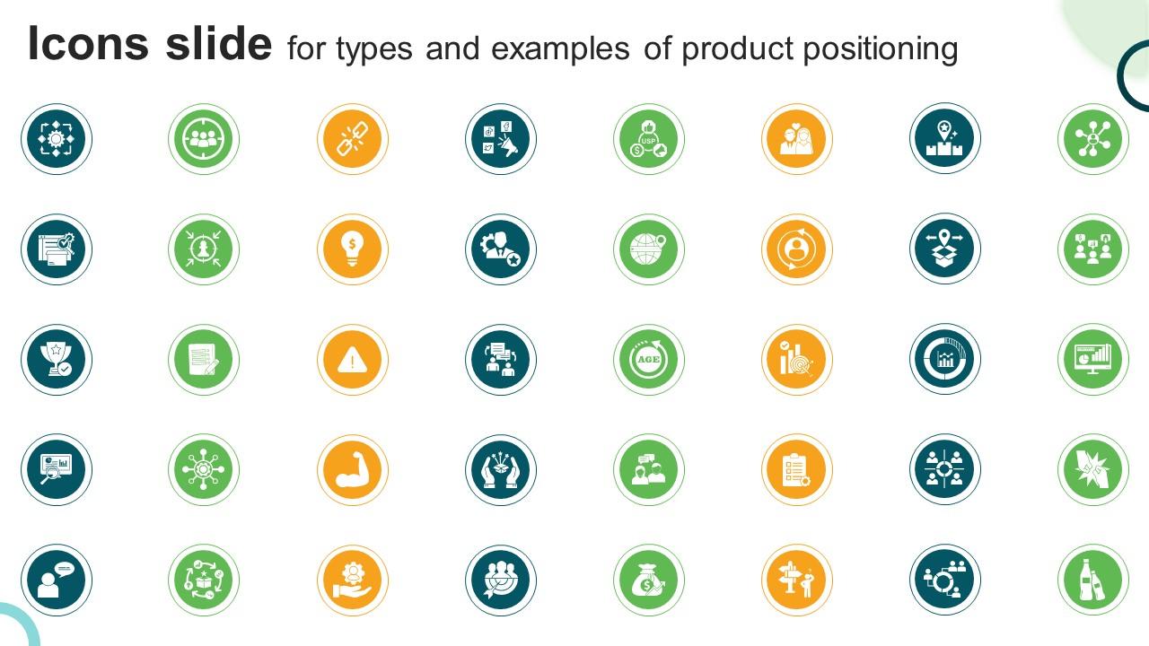Icons Slide For Types And Examples Of Product Positioning