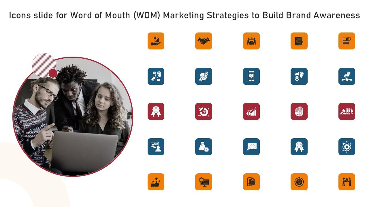 Icons Slide For Word Of Mouth WOM Marketing Strategies To Build Brand Awareness Icons Pdf