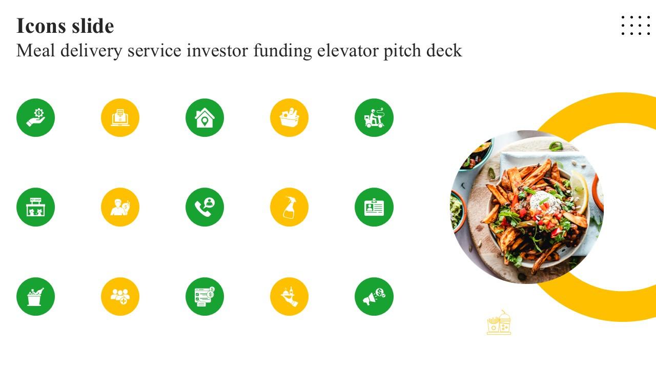 Icons Slide Meal Delivery Service Investor Funding Elevator Ppt Slide