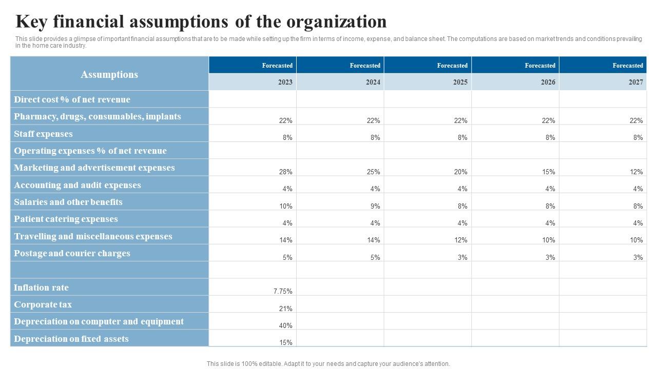Key Financial Assumptions Of Organization Elderly Care Business Plan Go To Market Strategy Icons Pdf