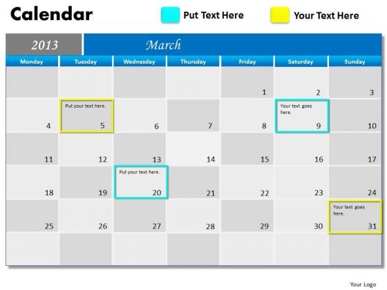 March 2013 Calendar PowerPoint Slides Ppt Templates