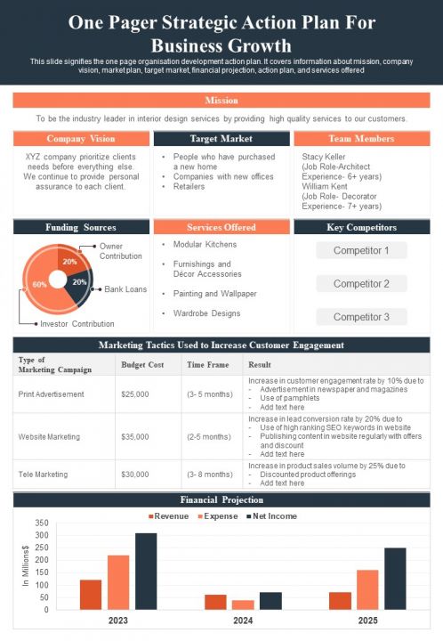 One Pager Strategic Action Plan For Business Growth PDF Document PPT Template
