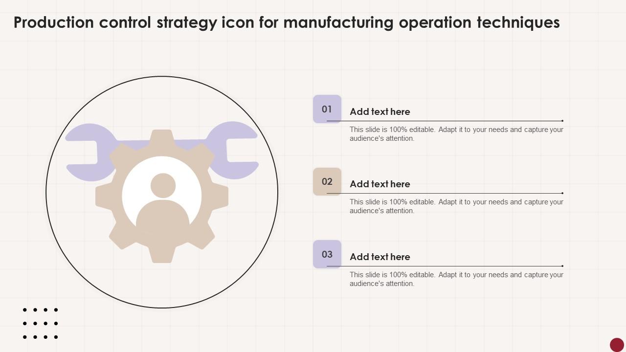 Production Control Strategy Icon For Manufacturing Operation Techniques Brochure Pdf