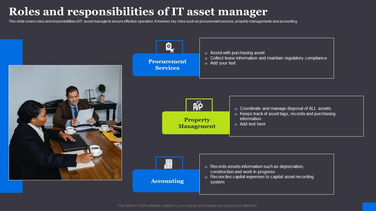 Roles And Responsibilities Of It Asset Manager RFID Solutions For Asset Traceability Icons Pdf