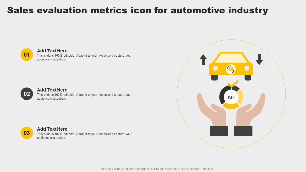 Sales Evaluation Metrics Icon For Automotive Industry Topics Pdf
