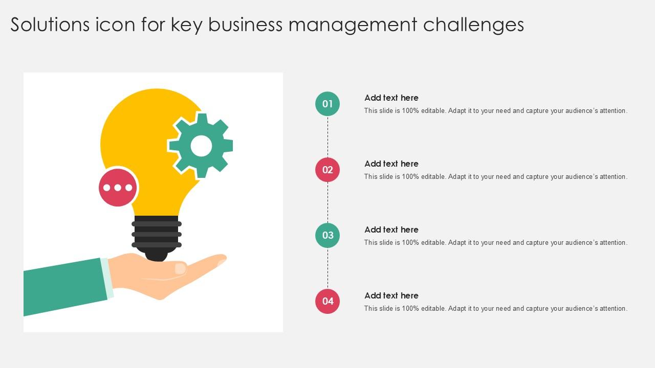 Solutions Icon For Key Business Management Challenges PPT PowerPoint SS