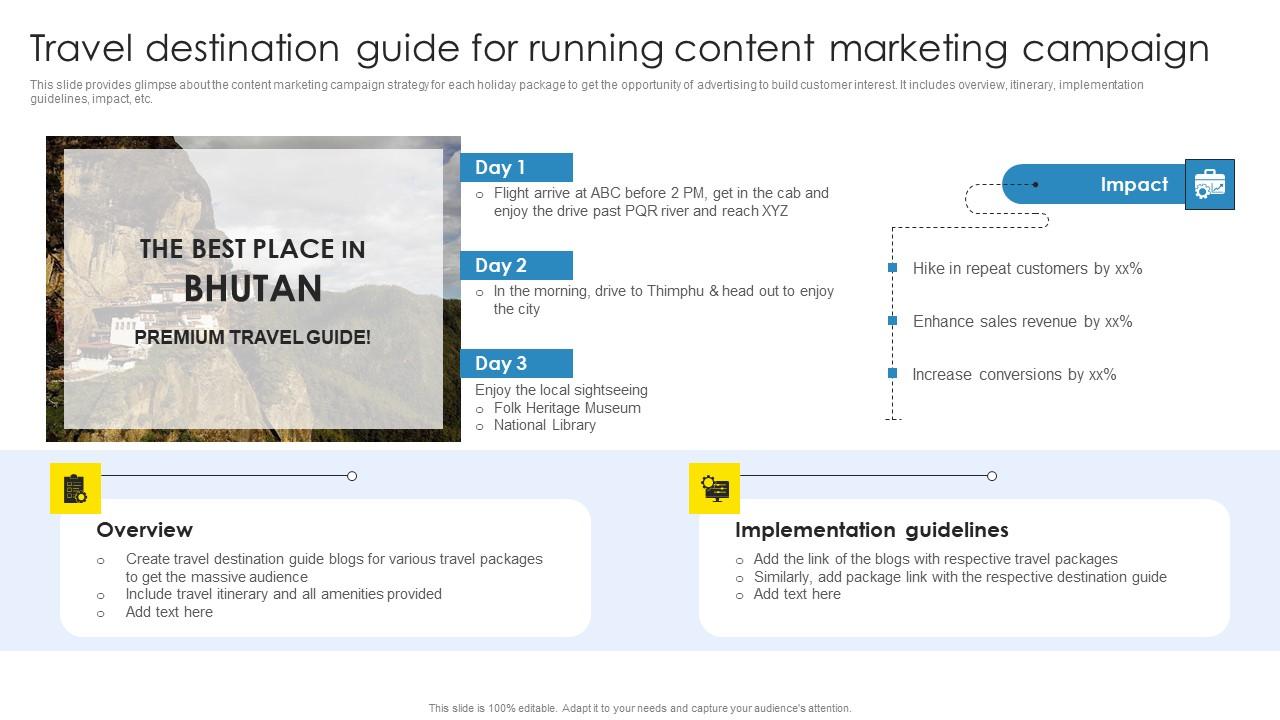 Strategic Marketing Plan Travel Destination Guide For Running Content Marketing Icons Pdf