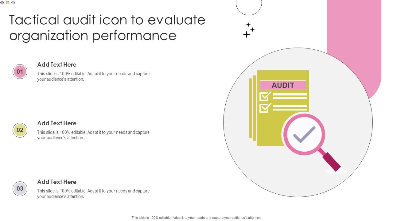 Tactical Audit Icon To Evaluate Organization Performance Summary Pdf