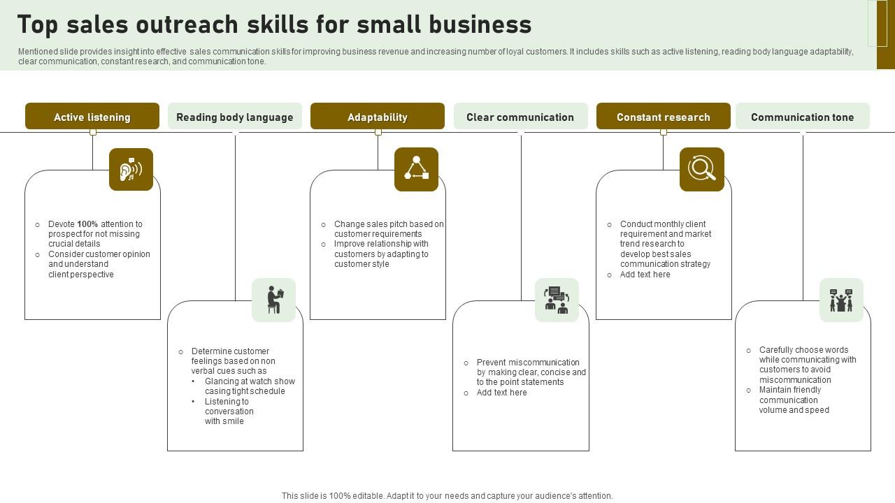 Top Sales Outreach Skills For Small Business Icons Pdf
