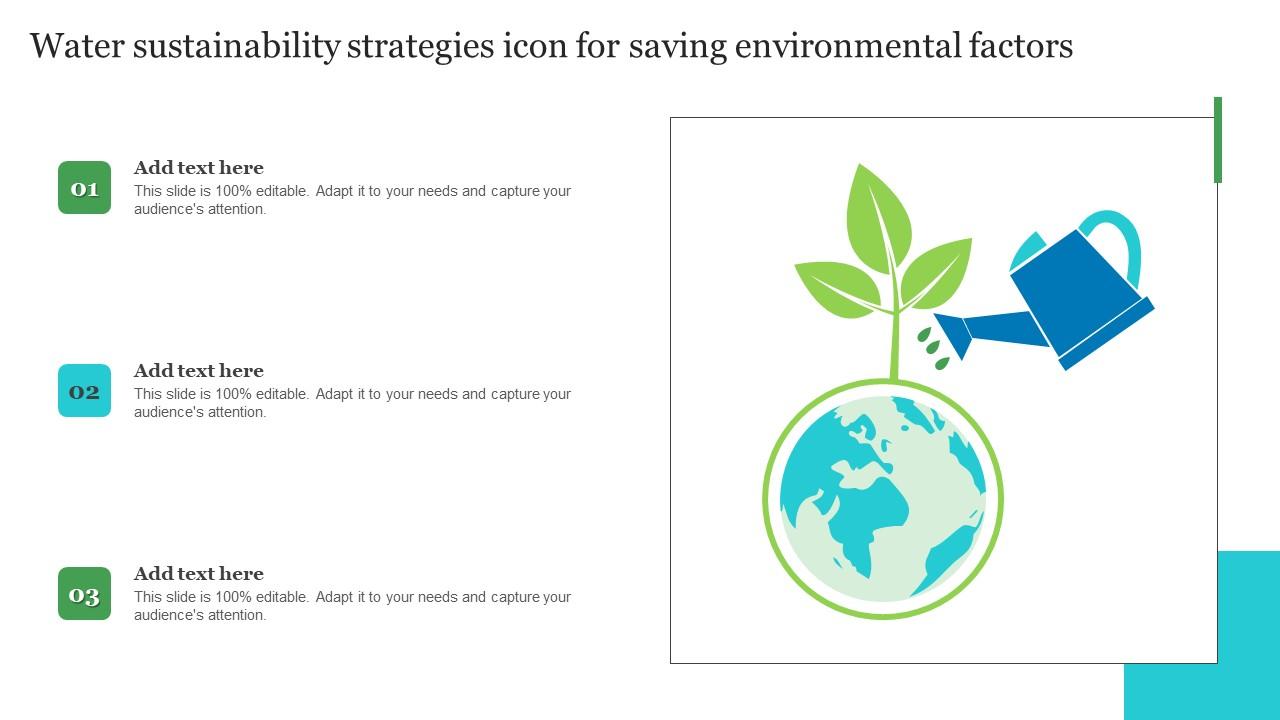 Water Sustainability Strategies Icon For Saving Environmental Factors Portrait Pdf
