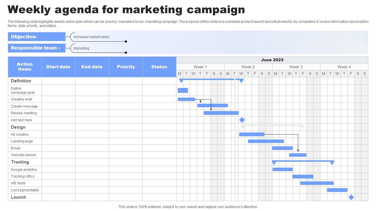 Weekly Agenda For Marketing Campaign Icons Pdf