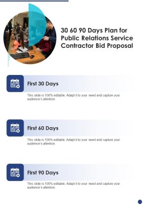 30 60 90 Days Plan For Public Relations Service Contractor Bid Proposal One Pager Sample Example Document Slide01