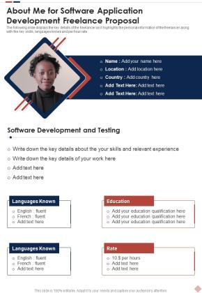 About Me For Software Application Development Freelance Proposal One Pager Sample Example Document Slide01